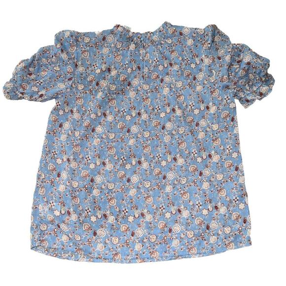 Carolina Belle Blouse Women M Blue Short Ruched Sleeve Dotted Swiss Ruffle Neck - Picture 6 of 6